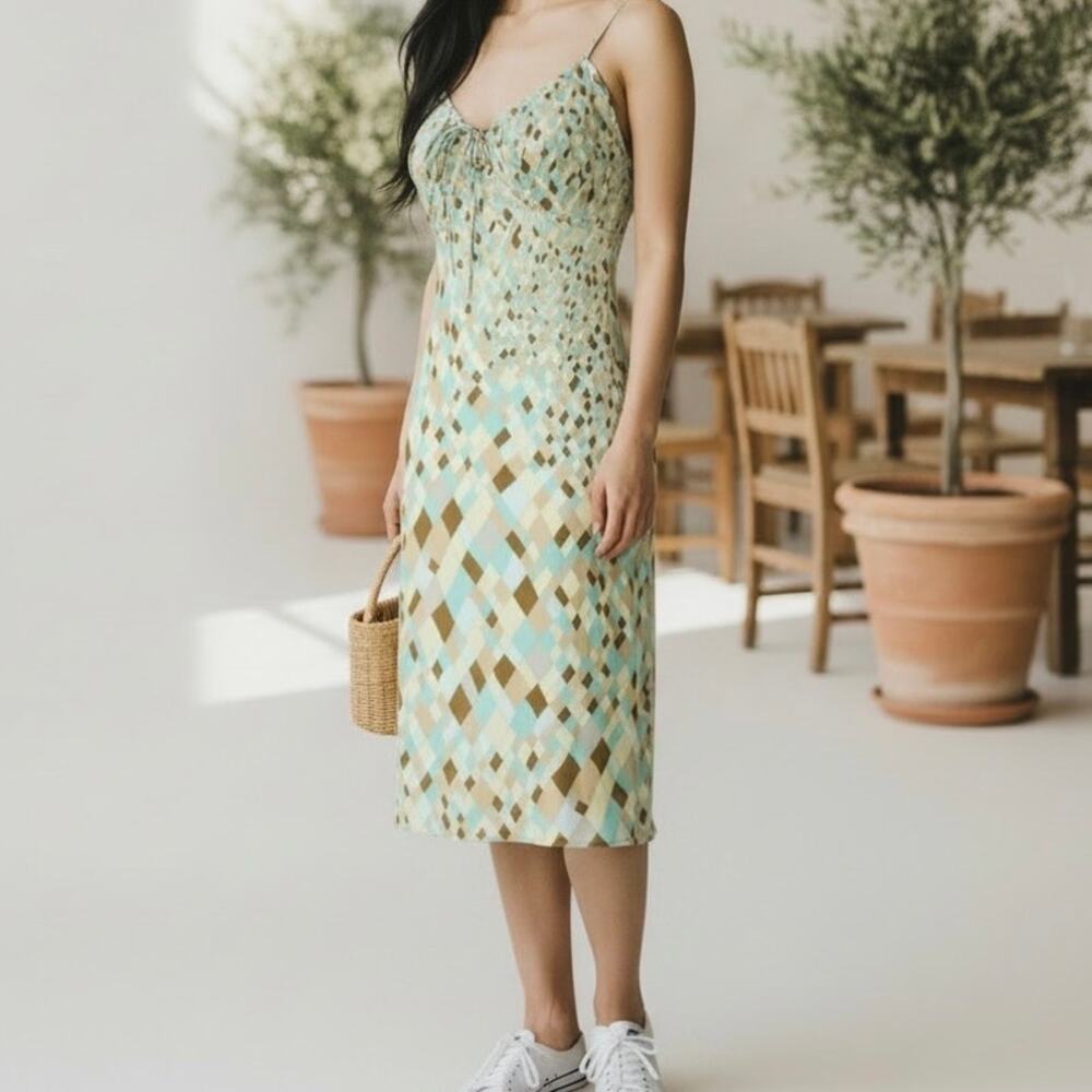 Express Vintage 90s Geometric Cami Slip Dress Women's 9 / 10 Green Brown
